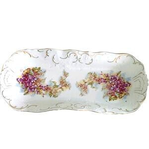 Vintage Celery Dish Embossed Floral Violet Lilac Pattern Gold Accent Cottagecore